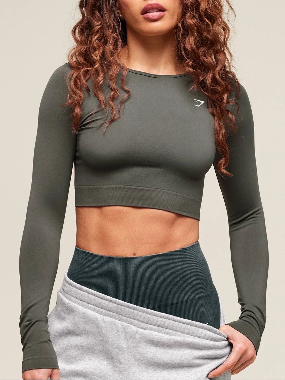 GYMSHARK Everyday Seamless Long Sleeve Crop Top in Green